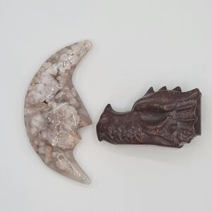 Set Of 2 Flower Agate Moon And Jasper Dragon Head Natural Stone Carvings